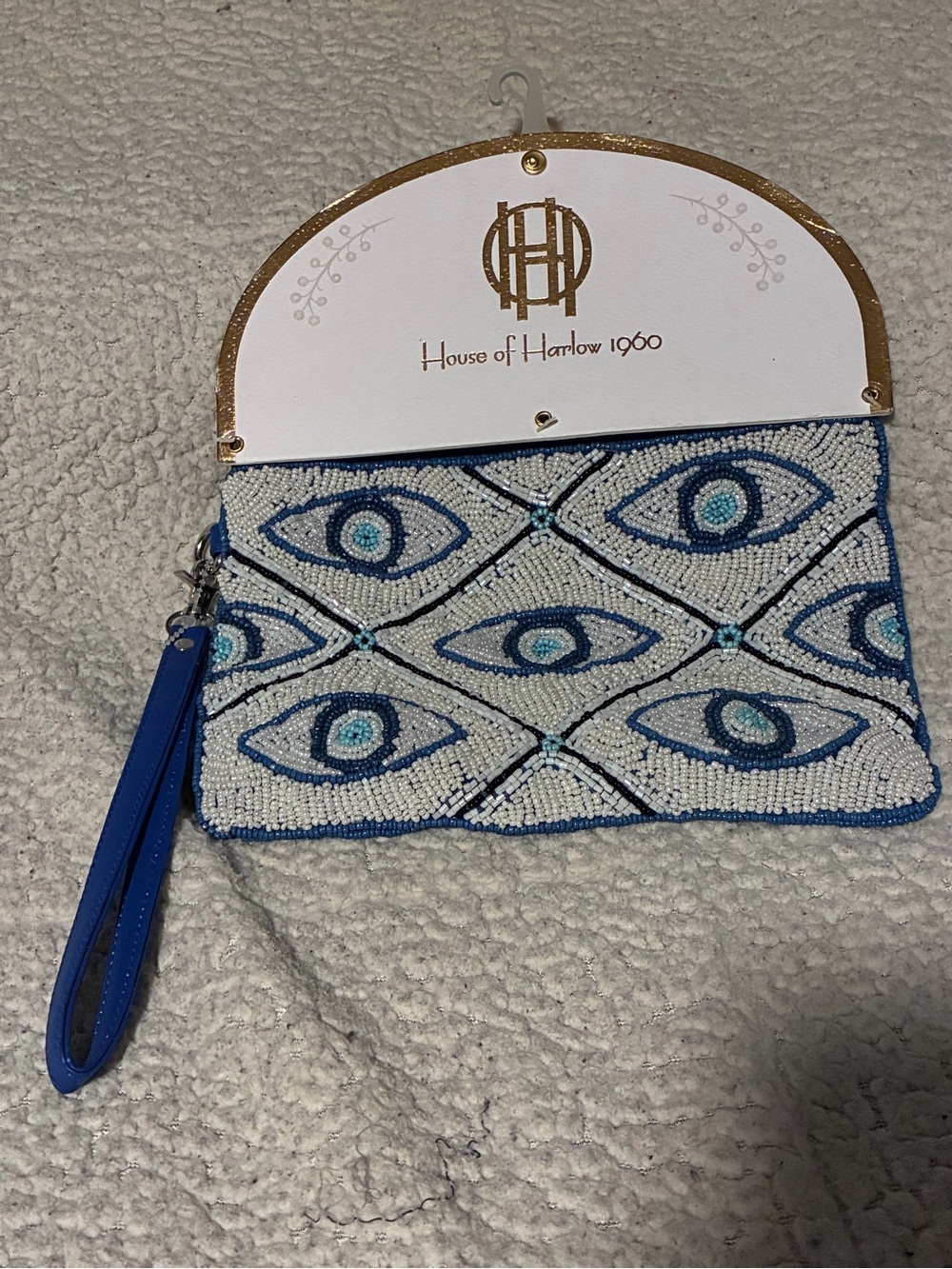 House of Harlow 1960 Blue and White Beaded Eye Wristlet Clutch, new with tags